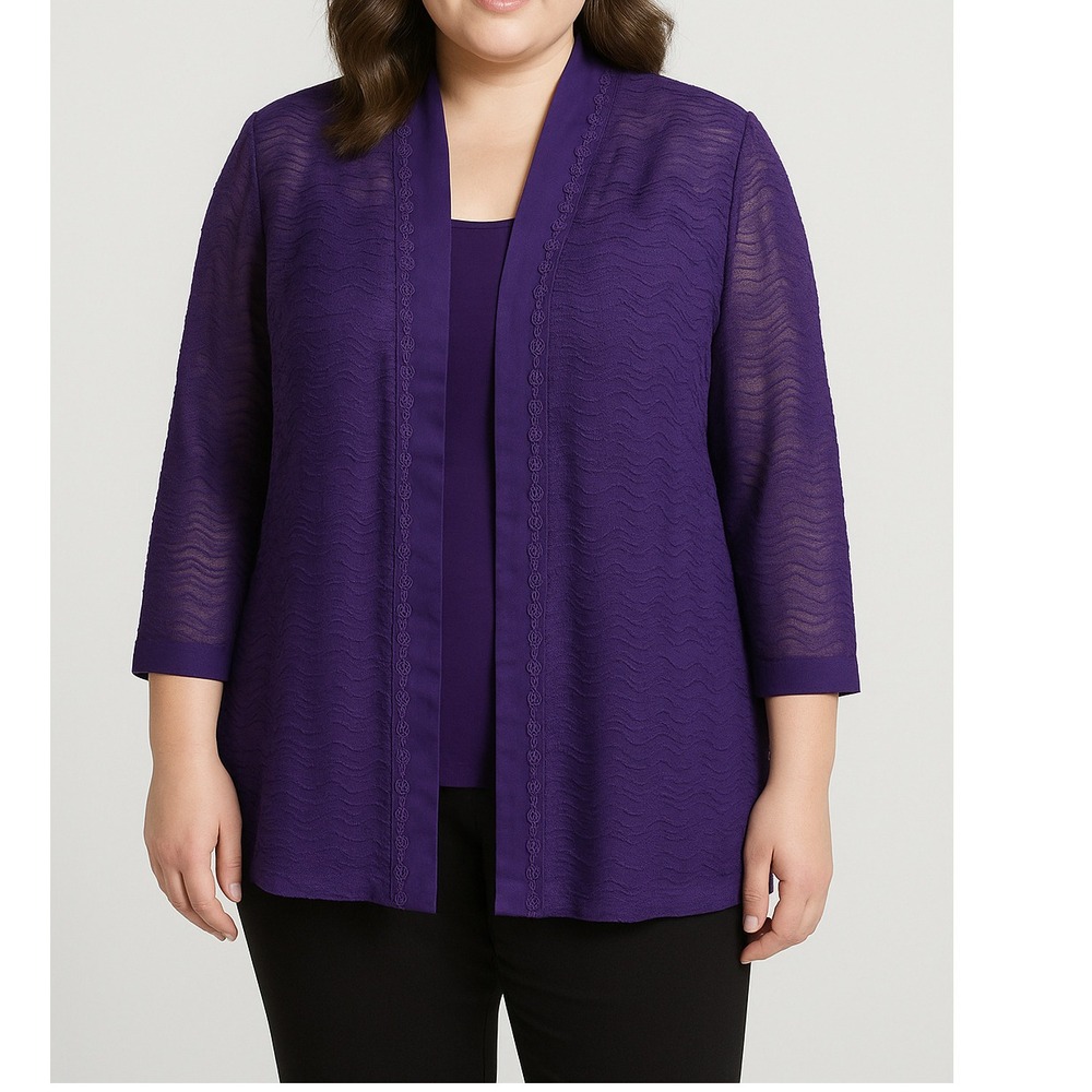 R&M Richards Womens Purple Lace Kimono Jacket L Open Front Dressy Layer Set